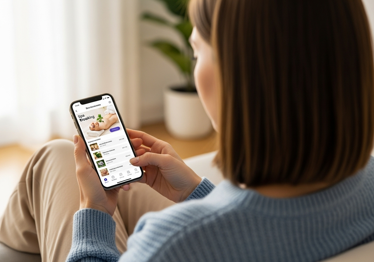 Woman booking spa appointment on mobile phone